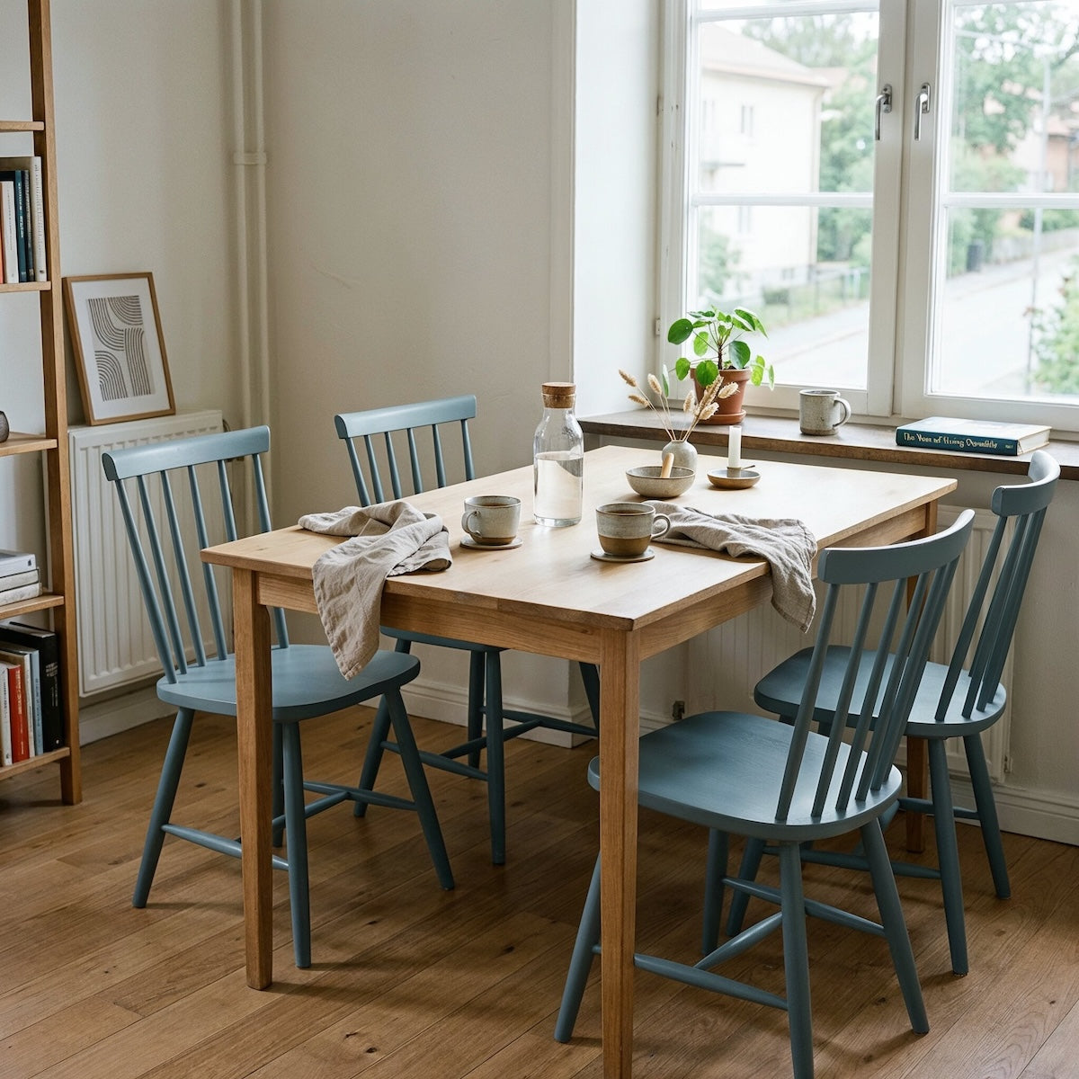 Esszimmerstühle in Cool Ocean von Paint of Walinoon – gedämpftes Blaugrau am Holztisch