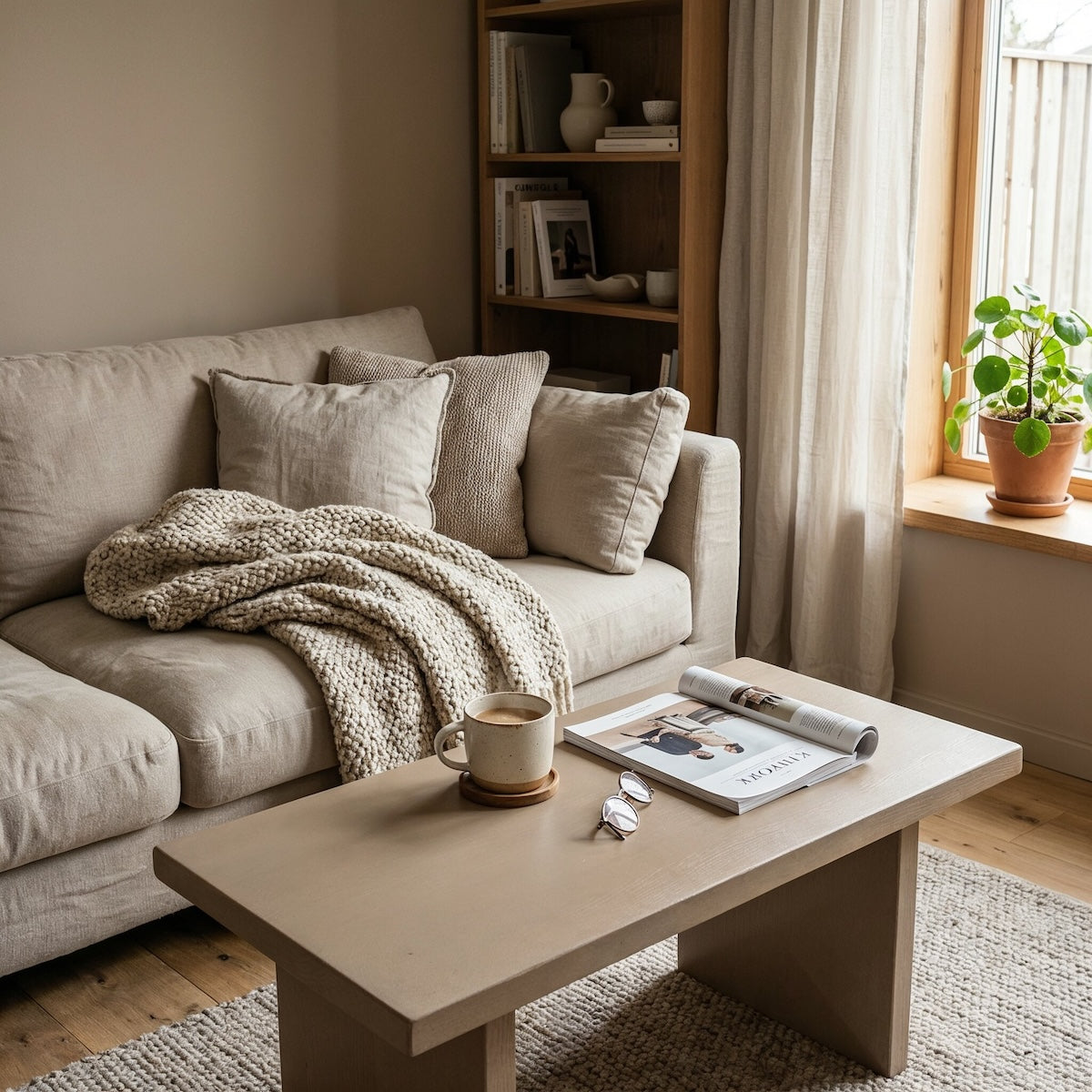 Couchtisch in Fern Brown von Paint of Walinoon – helles Sandbeige im Wohnzimmer