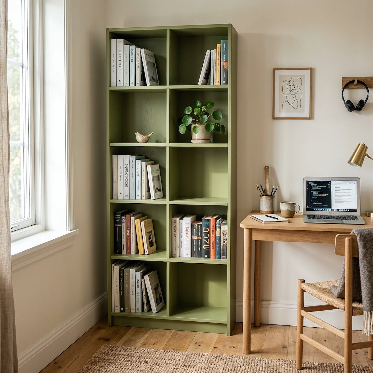 Bücherregal in Green Olive von Paint of Walinoon – gedecktes Olivgrün im Wohnzimmer