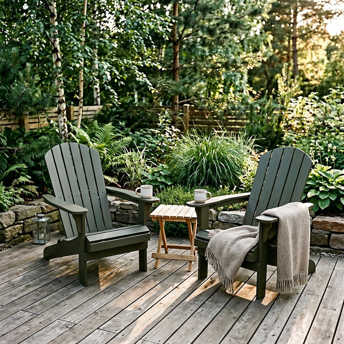 Adirondack-Stühle in Deep Sea auf einer Holzterrasse im Garten