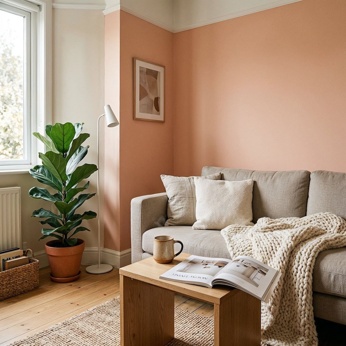 Wohnzimmer in Early Glow von Painting the Past – warmes Pfirsichrosa an der Wand