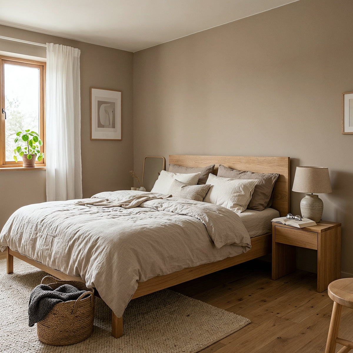 Schlafzimmer in Fern Brown von Painting the Past – warmes Greige an der Wand