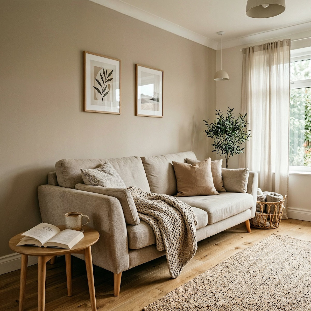 Wohnzimmer in Forest Beige von Painting the Past – warmes Taupe an der Wand