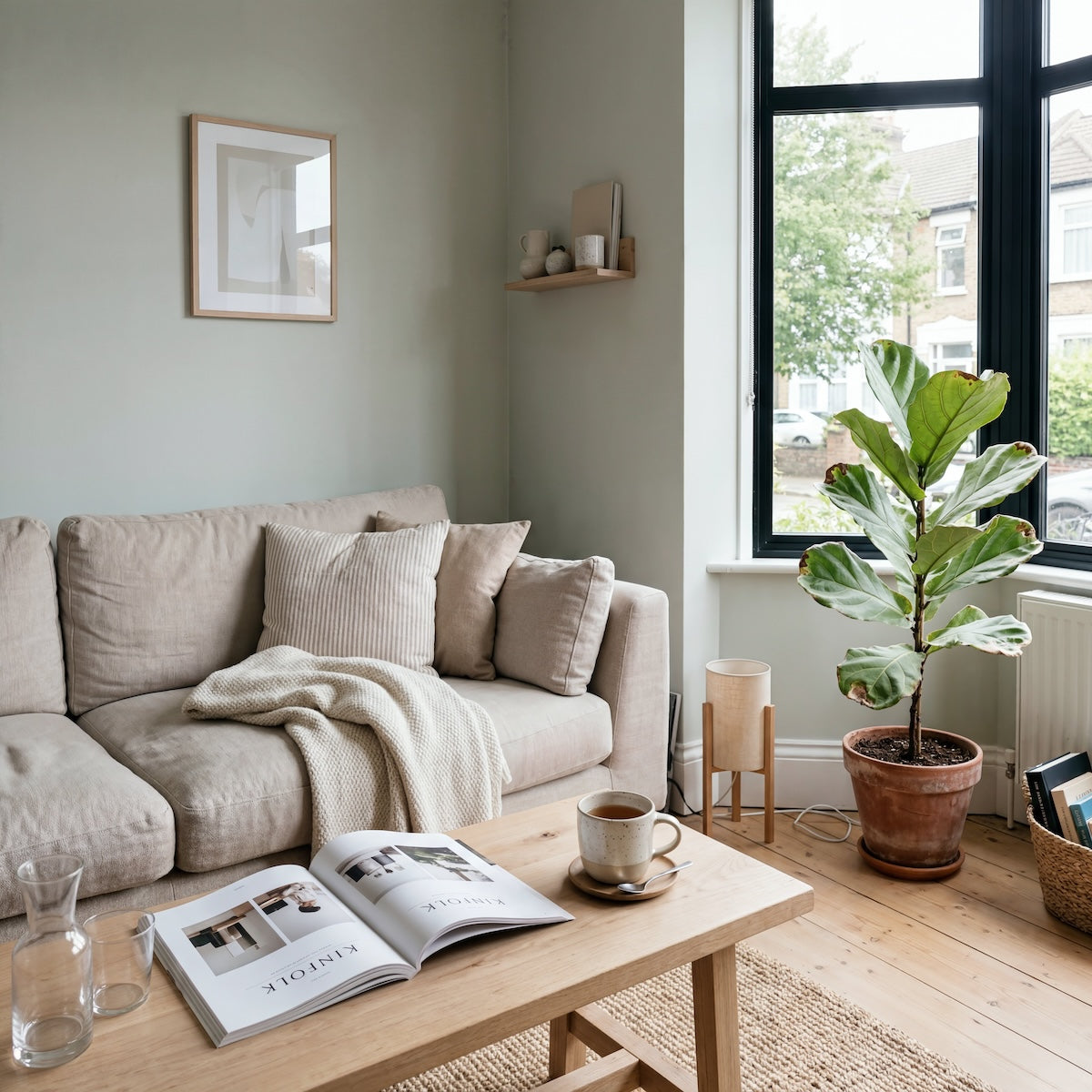 Wohnzimmer in Lake Whisper Green von Painting the Past – weiches Salbeigrün an der Wand