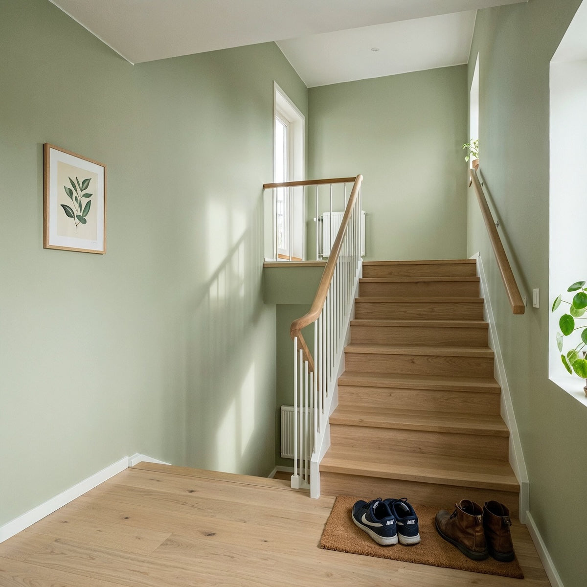 Treppenhaus in Mystery Green von Painting the Past – zartes Salbeigrün an der Wand