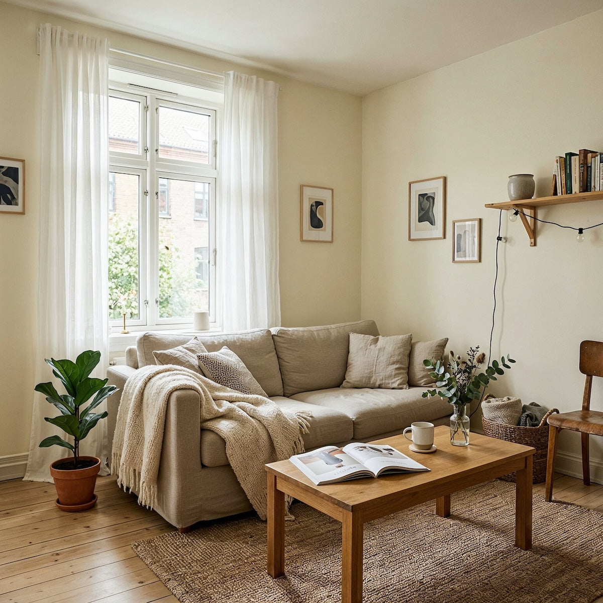 Wohnzimmer in Pale Timber von Painting the Past – helles Cremeweiß an der Wand