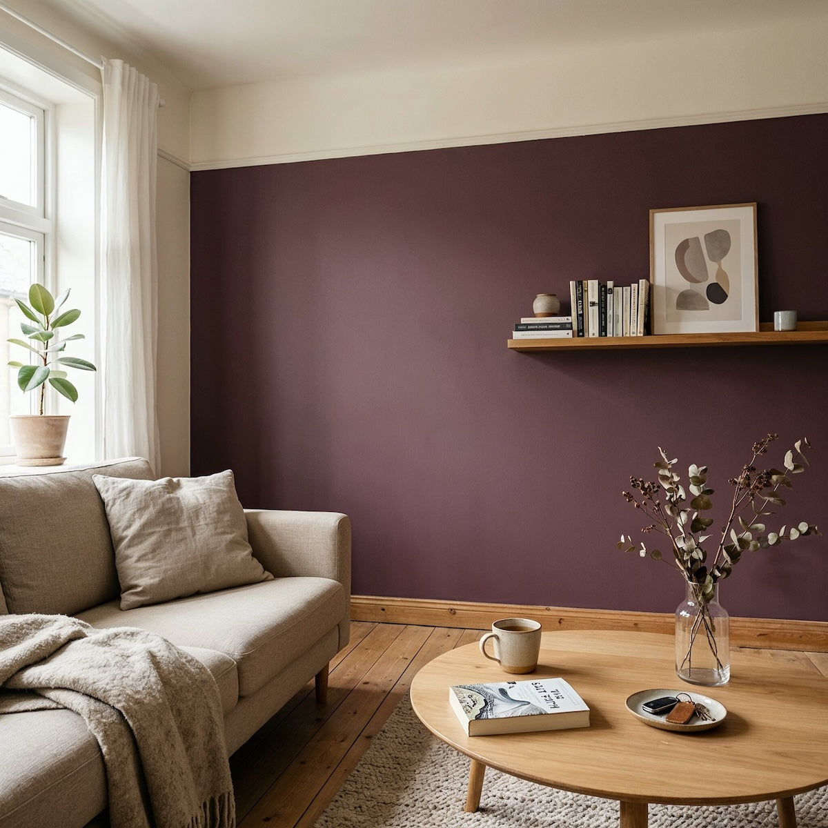 Wohnzimmer in Plum von Painting the Past – tiefes Bordeaux-Lila an der Wand