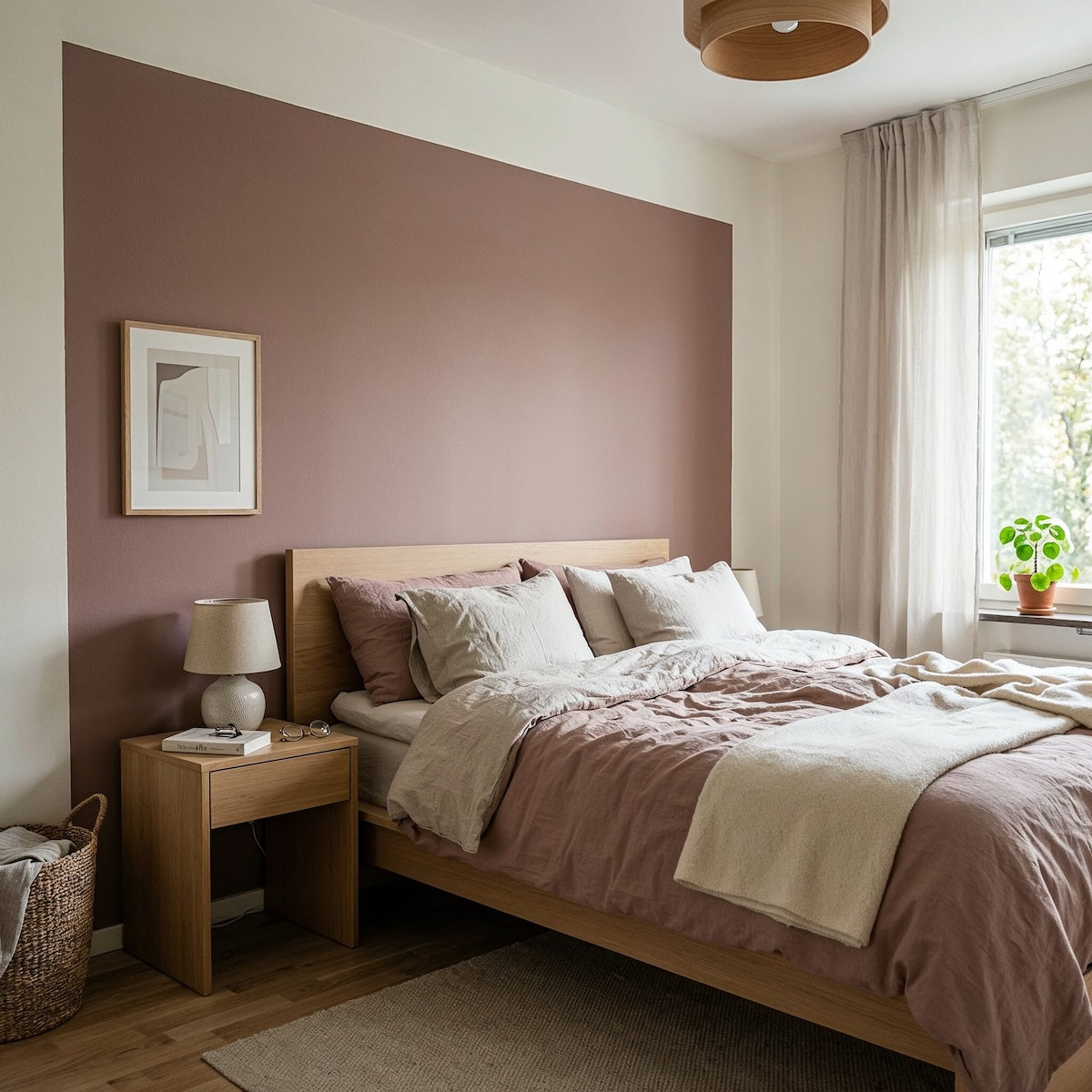 Schlafzimmer in Scarlet Dust von Painting the Past – warmes Rosé-Mauve an der Wand