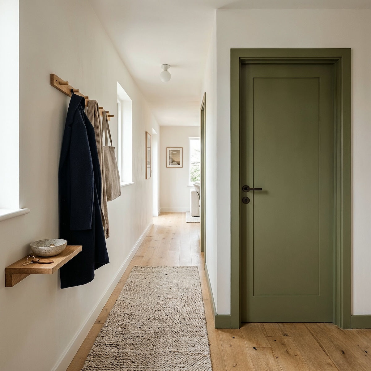 Innentür in Moss von Paint of Walinoon – gedämpftes Olivgrün im hellen Flur