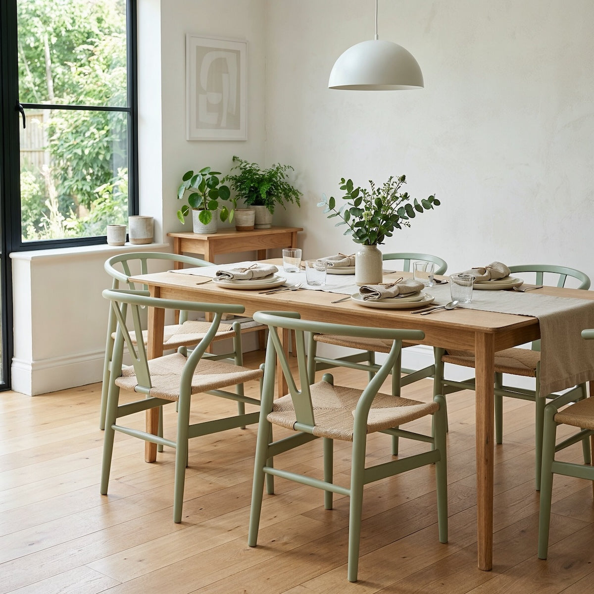 Esszimmerstühle in Mystery Green von Paint of Walinoon – gedämpftes Salbeigrün am Holztisch