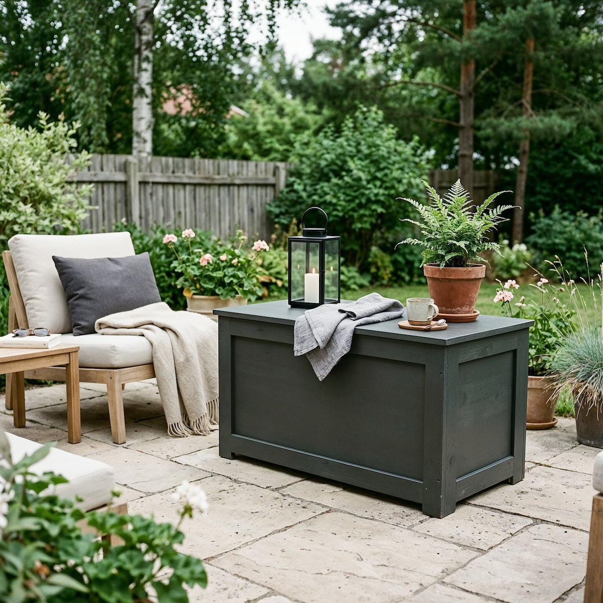 Dunkle Holzbox auf einer Steinterrasse im Garten als Beistelltisch