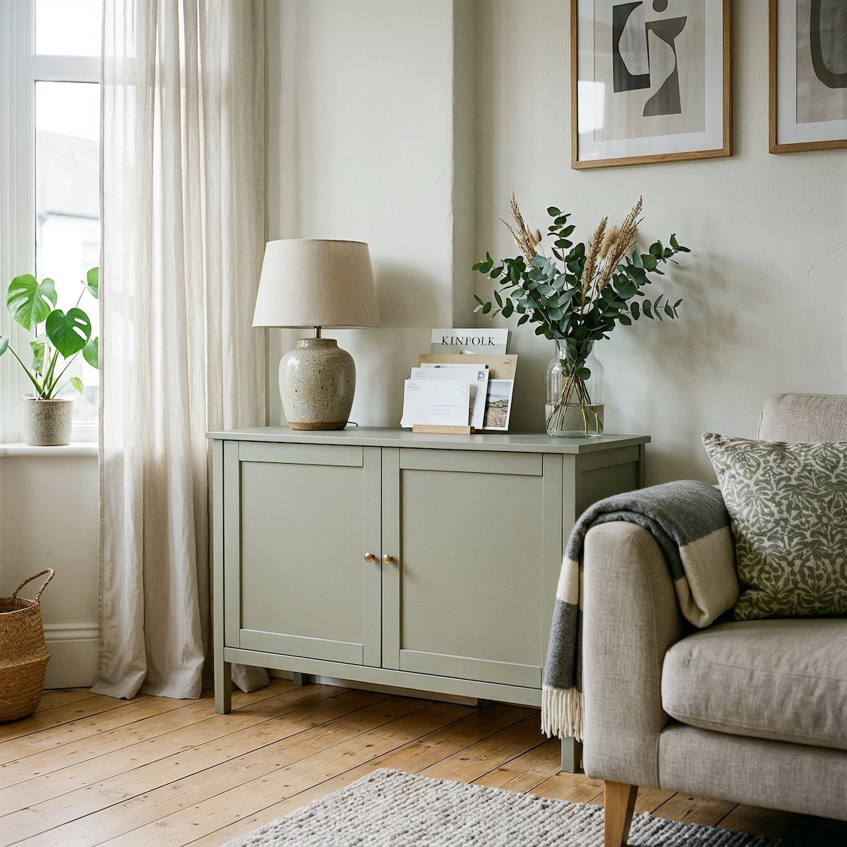Sideboard in Pebble Water von Paint of Walinoon – warmes Graugrün im Wohnzimmer