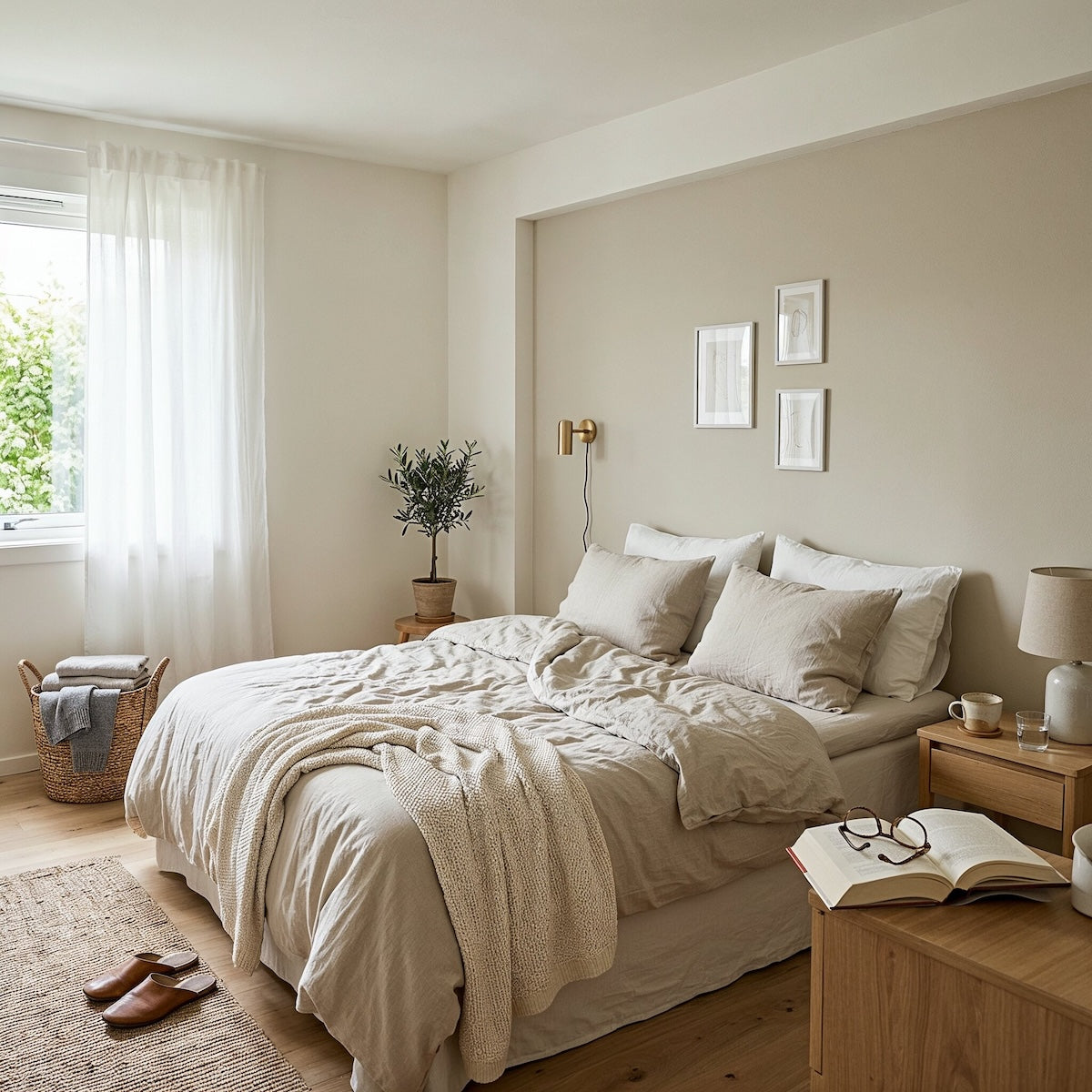 Schlafzimmer in Pale Mist von Painting the Past – helles Greige an der Wand