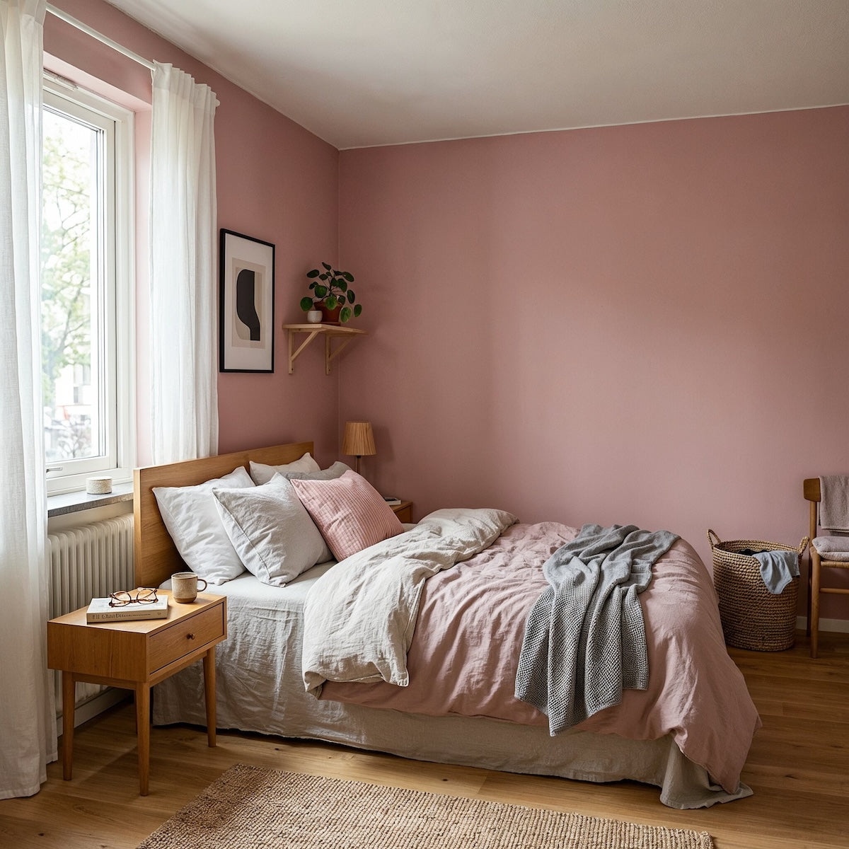 Schlafzimmer in Soft Lavender von Painting the Past – warmes Altrosa an der Wand